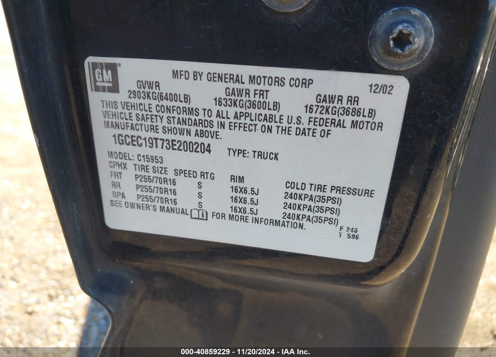 2003 CHEVROLET SILVERADO 1500 VIN: 1GCEC19T73E200204