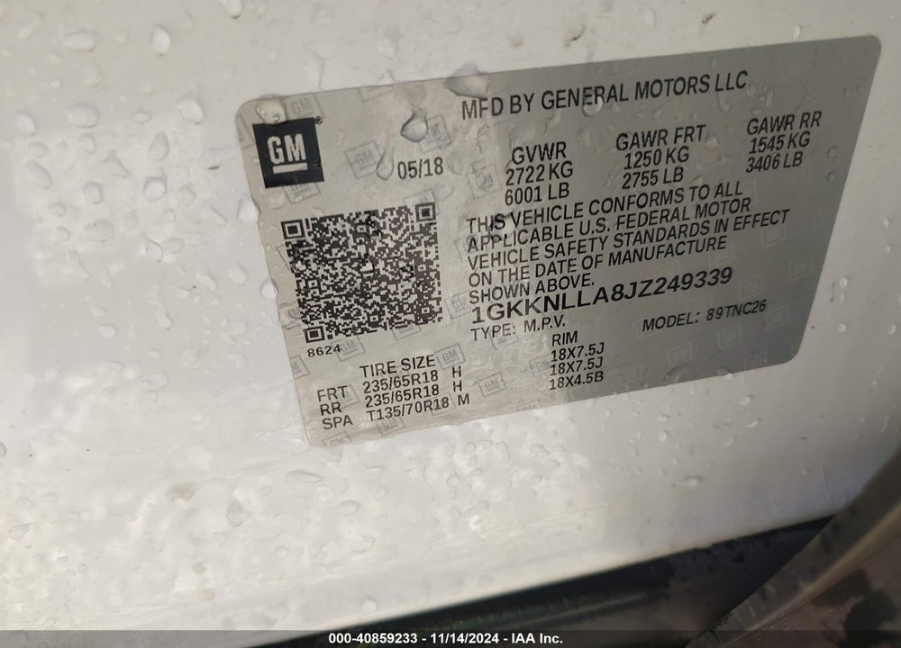 2018 GMC ACADIA SLE-2 VIN: 1GKKNLLA8JZ249339