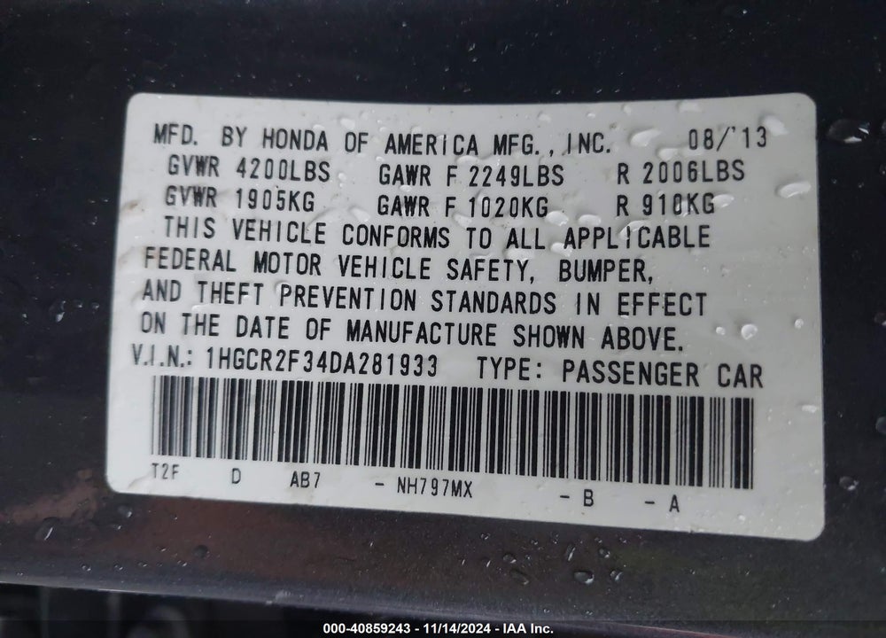 2013 HONDA ACCORD LX VIN: 1HGCR2F34DA281933