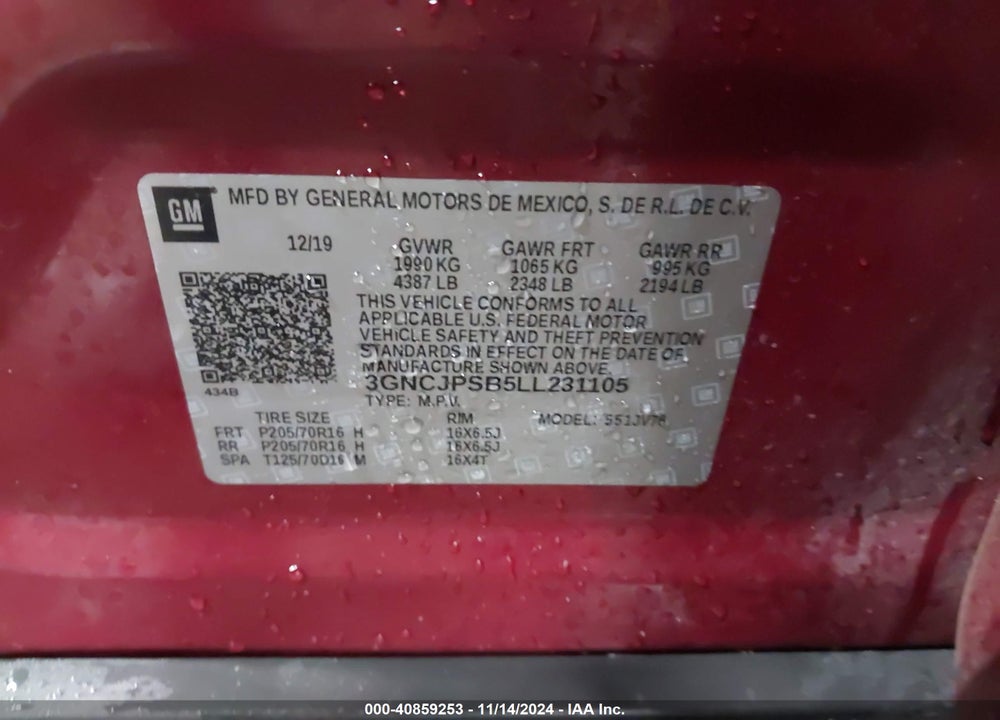 2020 CHEVROLET TRAX AWD LT VIN: 3GNCJPSB5LL231105