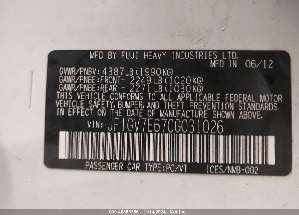 2012 SUBARU IMPREZA WRX VIN: JF1GV7E67CG031026