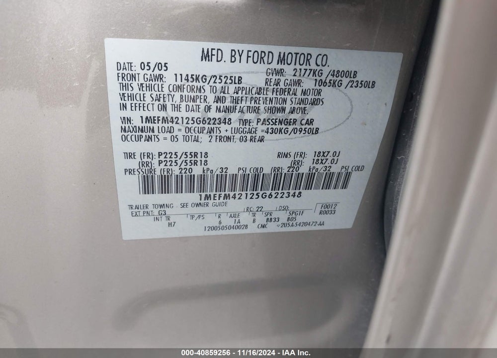2005 MERCURY MONTEGO PREMIER VIN: 1MEFM42125G622348