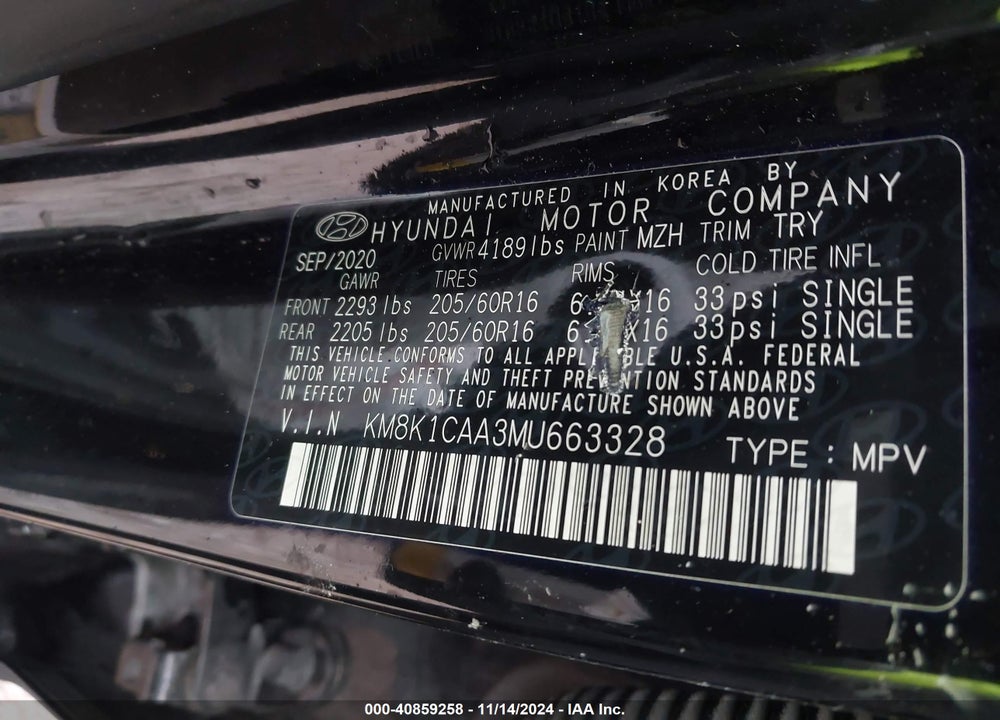 2021 HYUNDAI KONA VIN: KM8K1CAA3MU663328