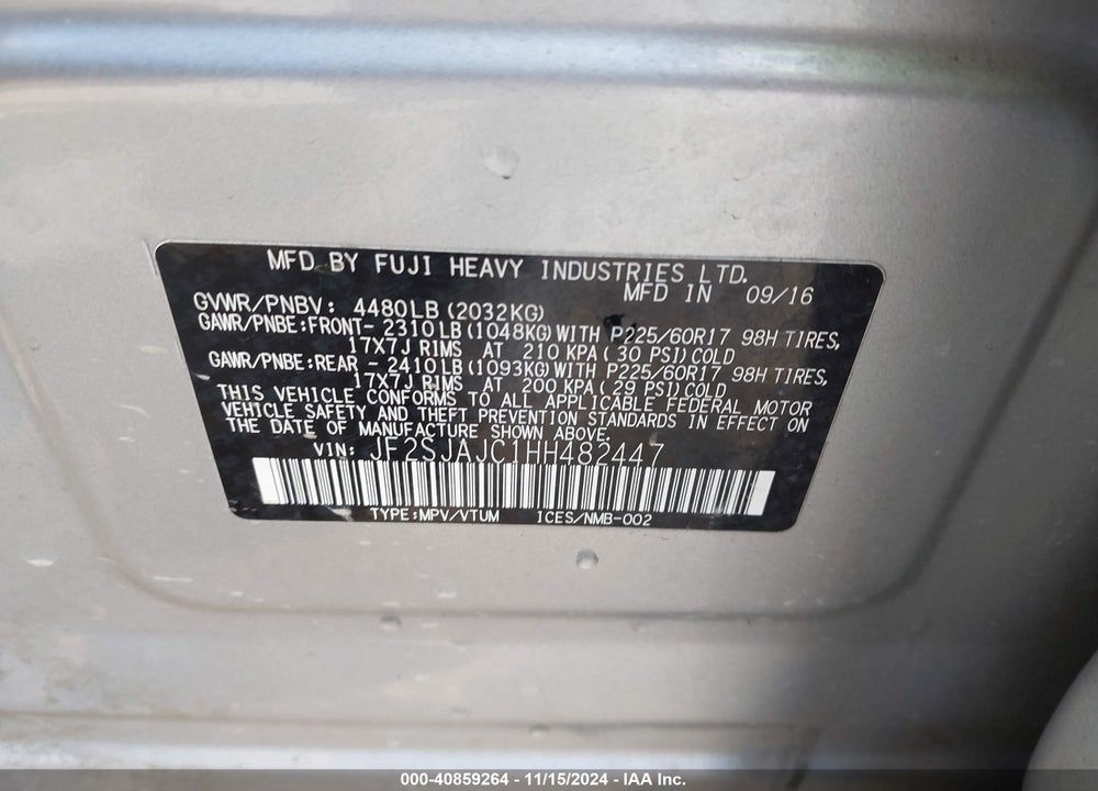 2017 SUBARU FORESTER 2.5I LIMITED VIN: JF2SJAJC1HH482447