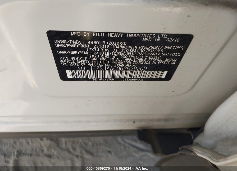 2016 SUBARU FORESTER 2.5I VIN: JF2SJAAC0GG529200