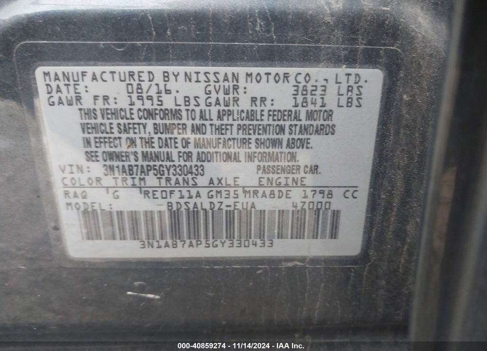 2016 NISSAN SENTRA SV VIN: 3N1AB7AP5GY330433