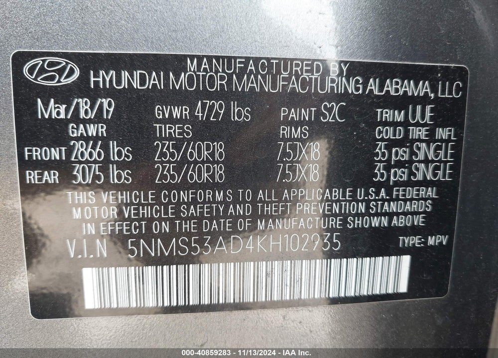 2019 HYUNDAI SANTA FE ULTIMATE VIN: 5NMS53AD4KH102935
