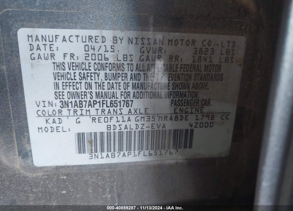 2015 NISSAN SENTRA FE+ S/S/SL/SR/SV VIN: 3N1AB7AP1FL651767