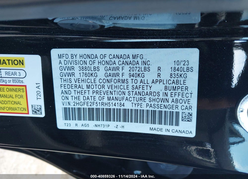2024 HONDA CIVIC VIN: 2HGFE2F51RH514184