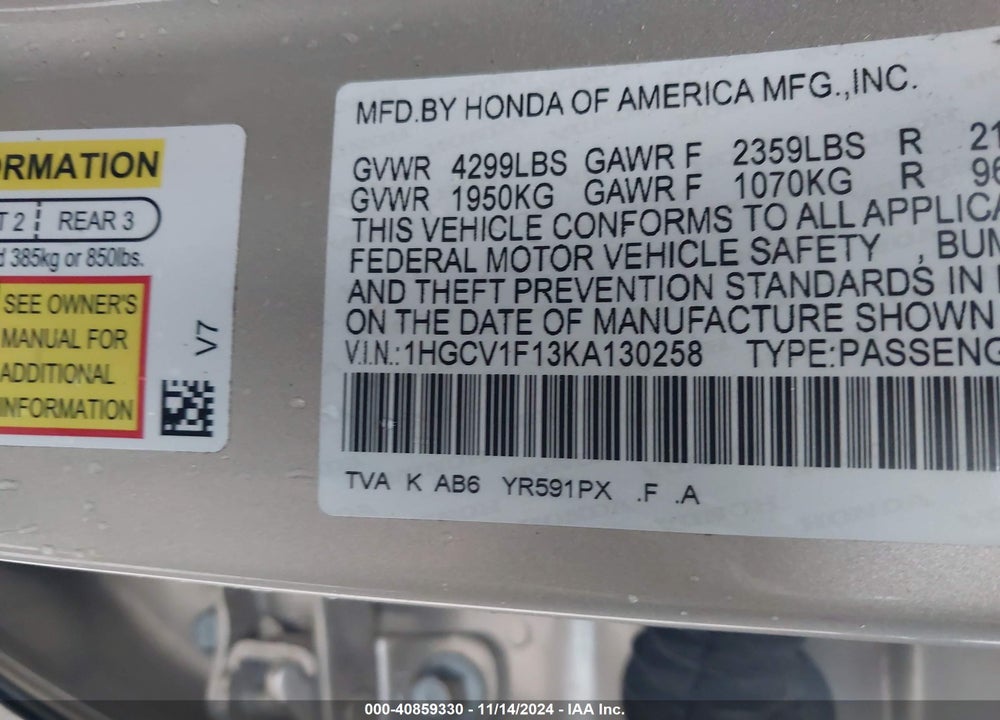2019 HONDA ACCORD LX VIN: 1HGCV1F13KA130258