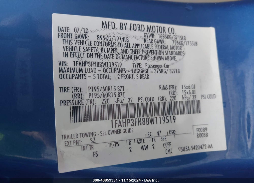 2011 FORD FOCUS SE VIN: 1FAHP3FN8BW119519