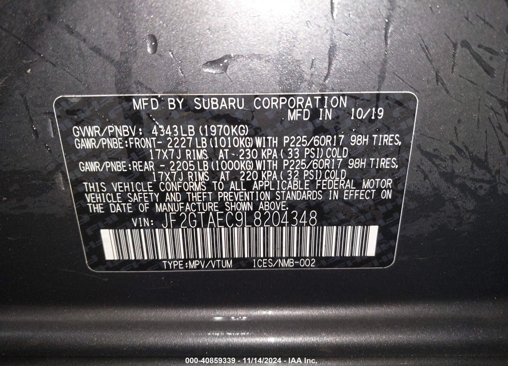 2020 SUBARU CROSSTREK PREMIUM VIN: JF2GTAEC9L8204348