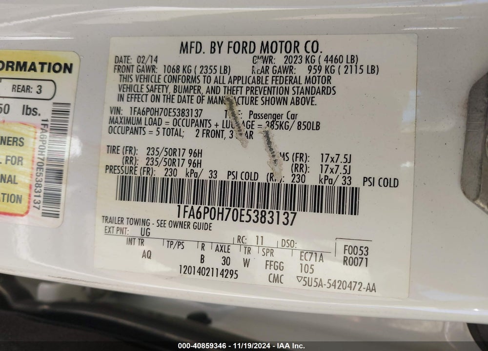 2014 FORD FUSION SE VIN: 1FA6P0H70E5383137
