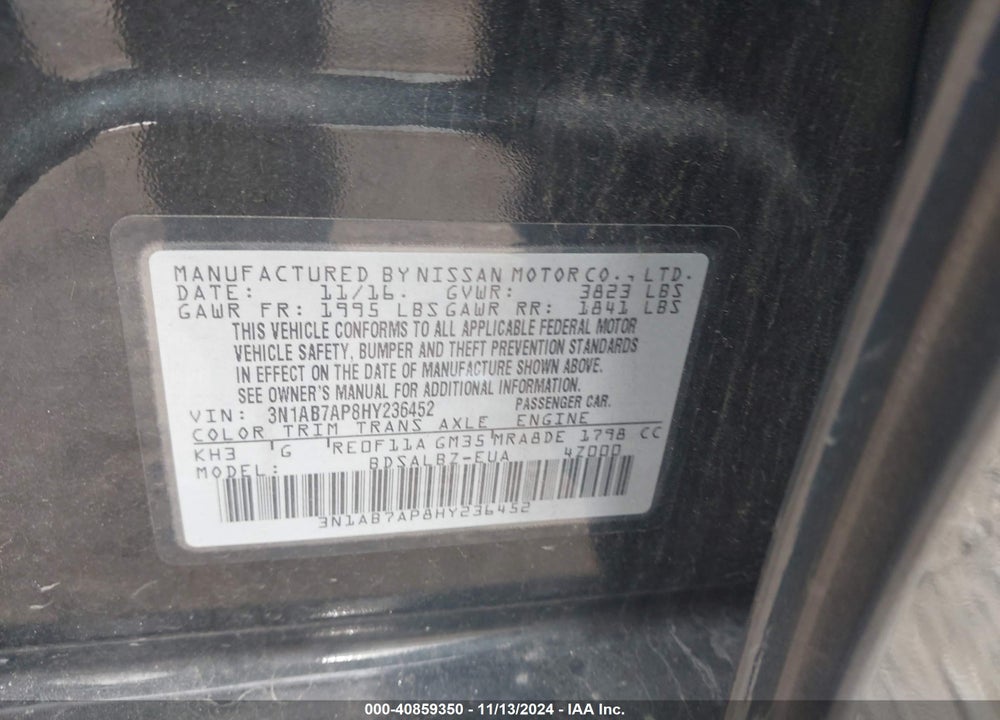 2017 NISSAN SENTRA S VIN: 3N1AB7AP8HY236452