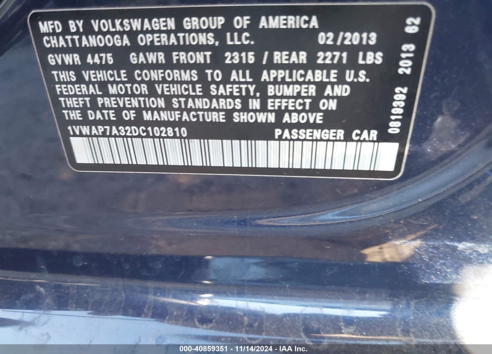 2013 VOLKSWAGEN PASSAT 2.5L S VIN: 1VWAP7A32DC102810