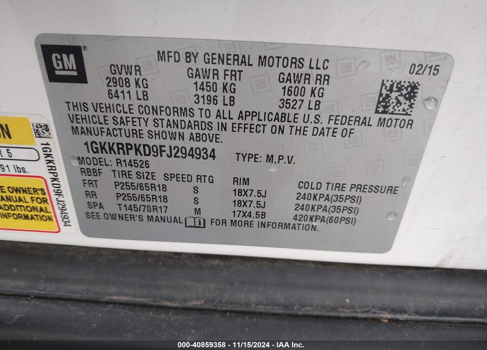 2015 GMC ACADIA SLE-2 VIN: 1GKKRPKD9FJ294934