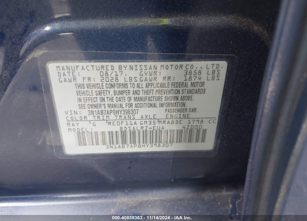 2017 NISSAN SENTRA SR VIN: 3N1AB7AP8HY398307