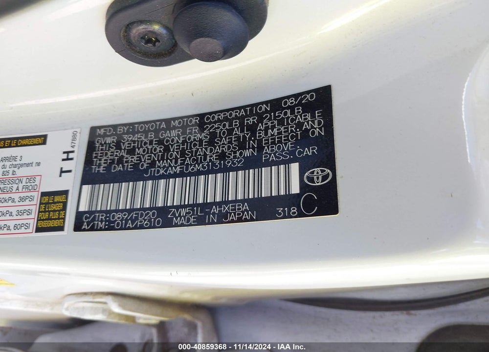 2021 TOYOTA PRIUS LE VIN: JTDKAMFU6M3131932