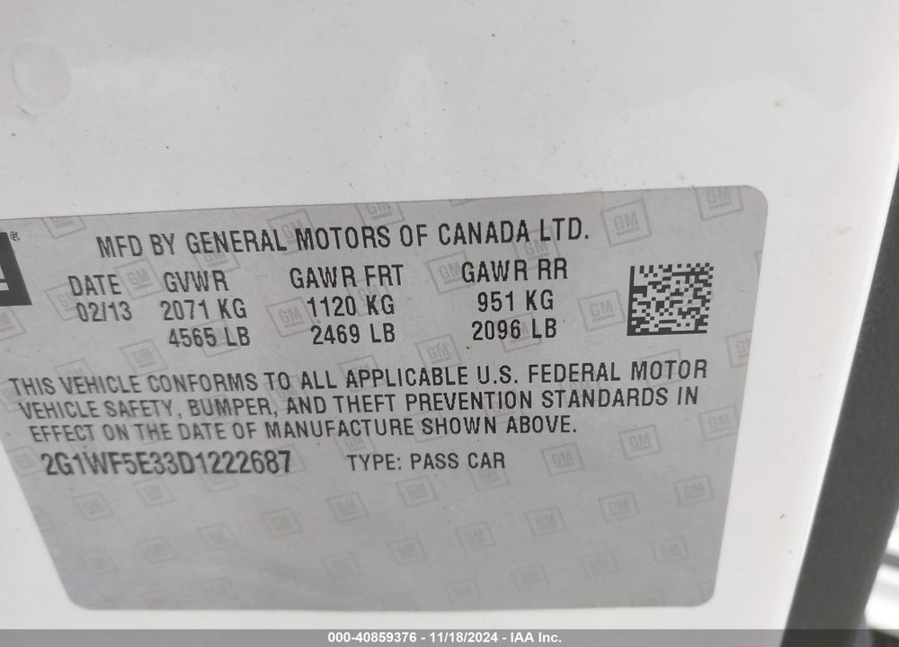 2013 CHEVROLET IMPALA LS VIN: 2G1WF5E33D1222687