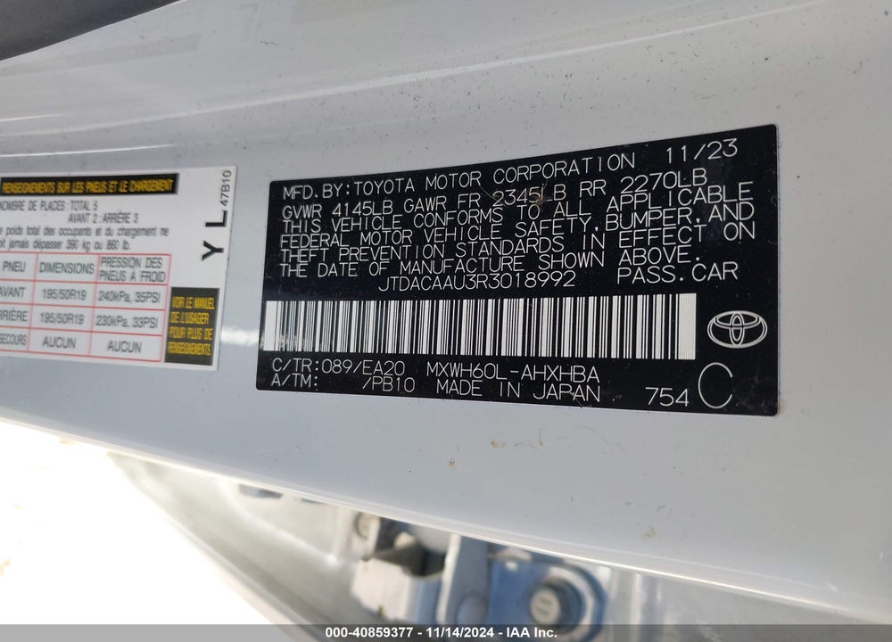 2024 TOYOTA PRIUS VIN: JTDACAAU3R3018992