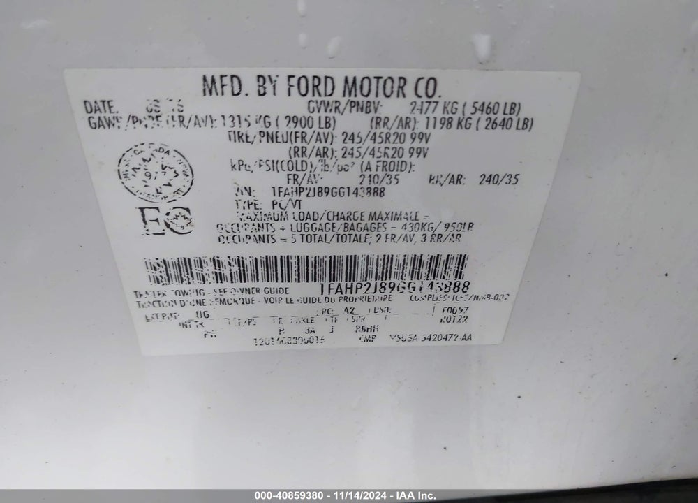 2016 FORD TAURUS LIMITED VIN: 1FAHP2J89GG143888