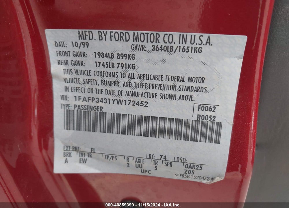 2000 FORD FOCUS SE VIN: 1FAFP3431YW172452