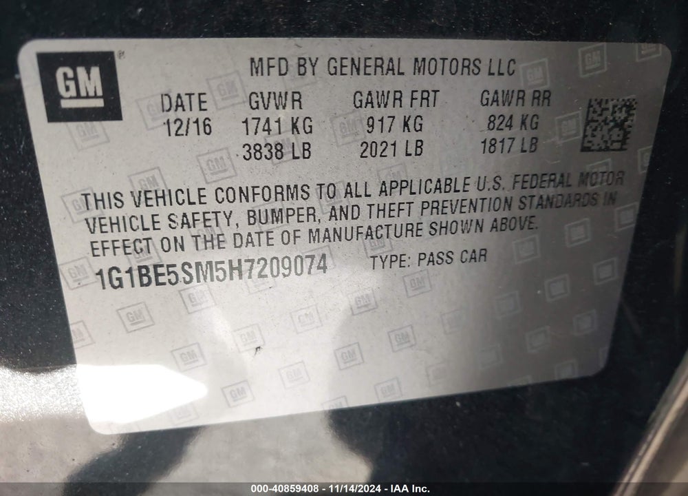 2017 CHEVROLET CRUZE LT AUTO VIN: 1G1BE5SM5H7209074