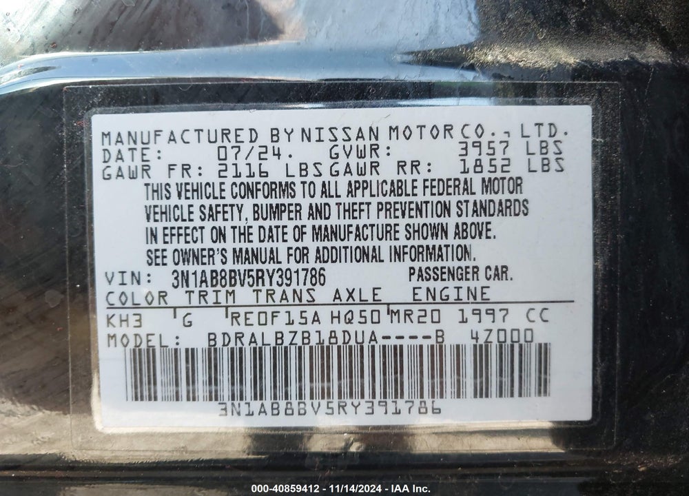 2024 NISSAN SENTRA S XTRONIC CVT VIN: 3N1AB8BV5RY391786