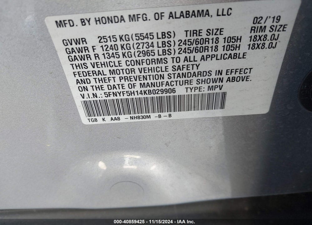 2019 HONDA PILOT LX VIN: 5FNYF5H14KB029906