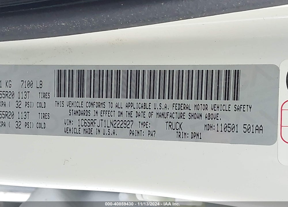 2020 RAM 1500 LAIE  4X4 5'7 BOX VIN: 1C6SRFJT1LN222927