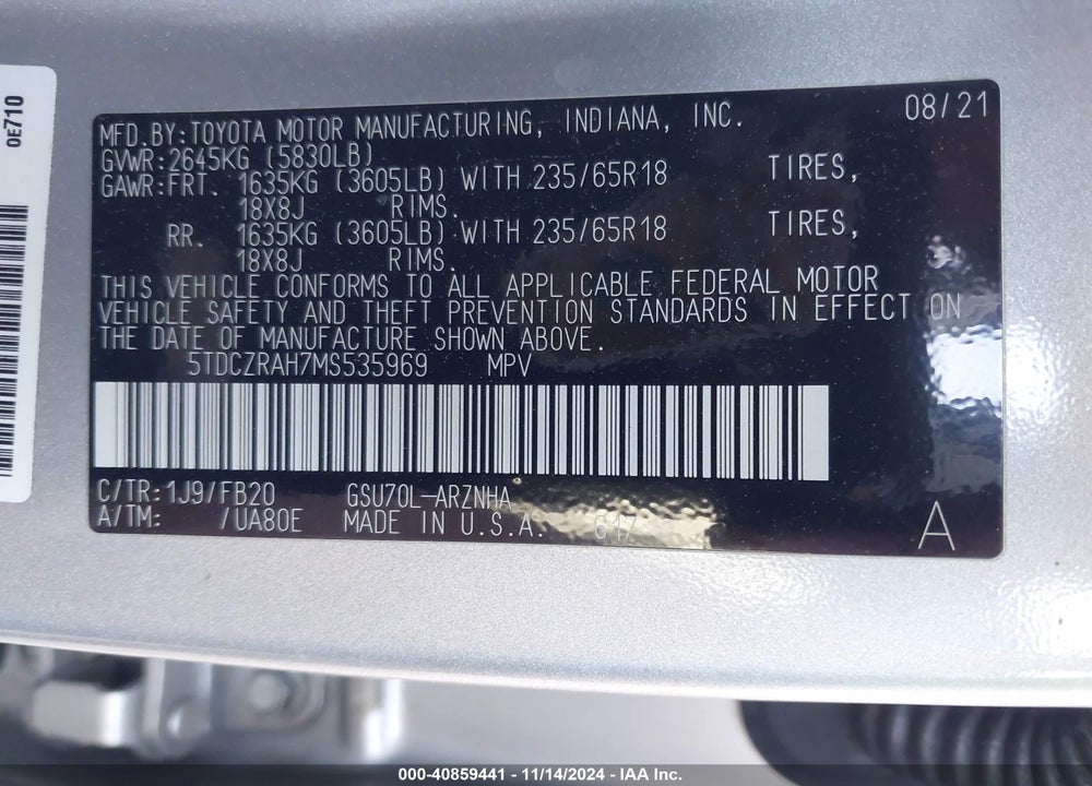 2021 TOYOTA HIGHLANDER VIN: 5TDCZRAH7MS535969