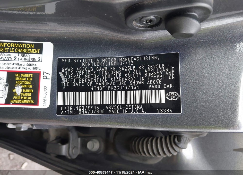 2012 TOYOTA CAMRY SE VIN: 4T1BF1FK2CU147161