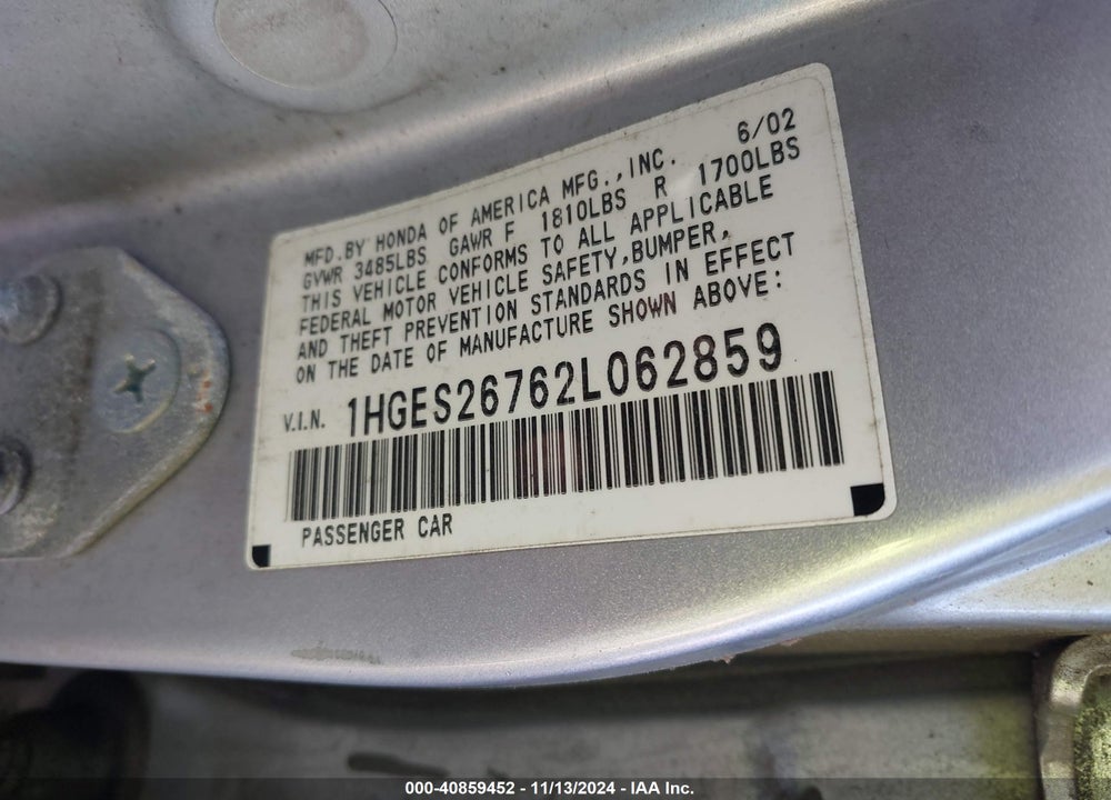2002 HONDA CIVIC EX VIN: 1HGES26762L062859