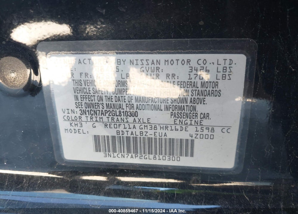 2016 NISSAN VERSA 1.6 S/1.6 S+/1.6 SL/1.6 SV VIN: 3N1CN7AP2GL810300