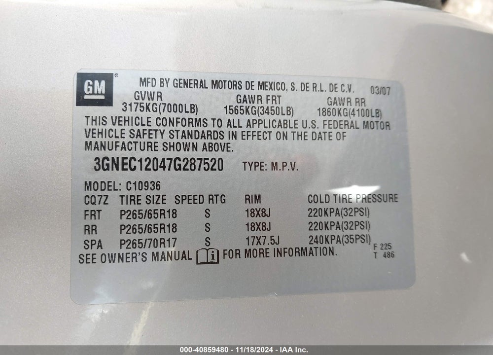 2007 CHEVROLET AVALANCHE 1500 LT VIN: 3GNEC12047G287520