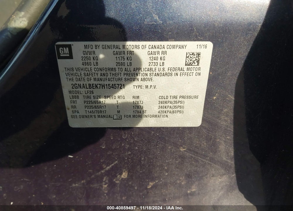 2017 CHEVROLET EQUINOX LS VIN: 2GNALBEK7H1545721