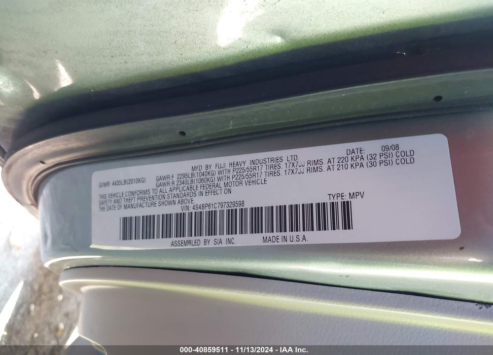 2009 SUBARU OUTBACK 2.5I VIN: 4S4BP61C797329598