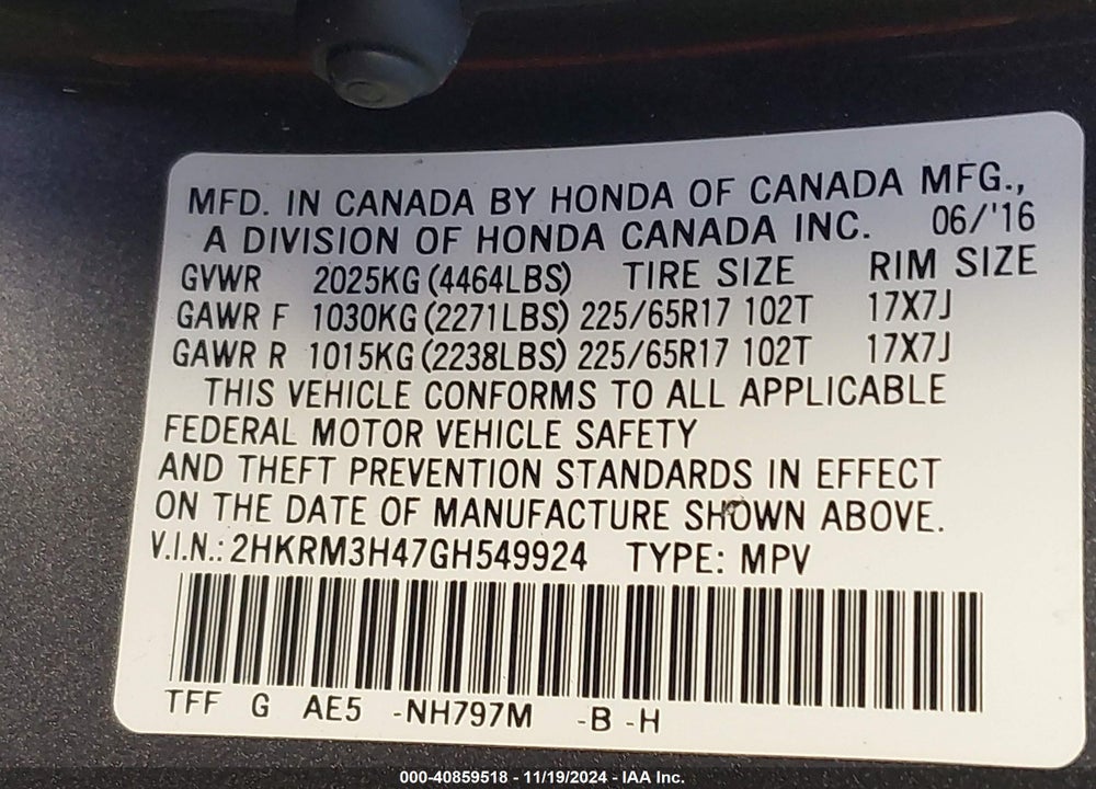 2016 HONDA CR-V SE VIN: 2HKRM3H47GH549924