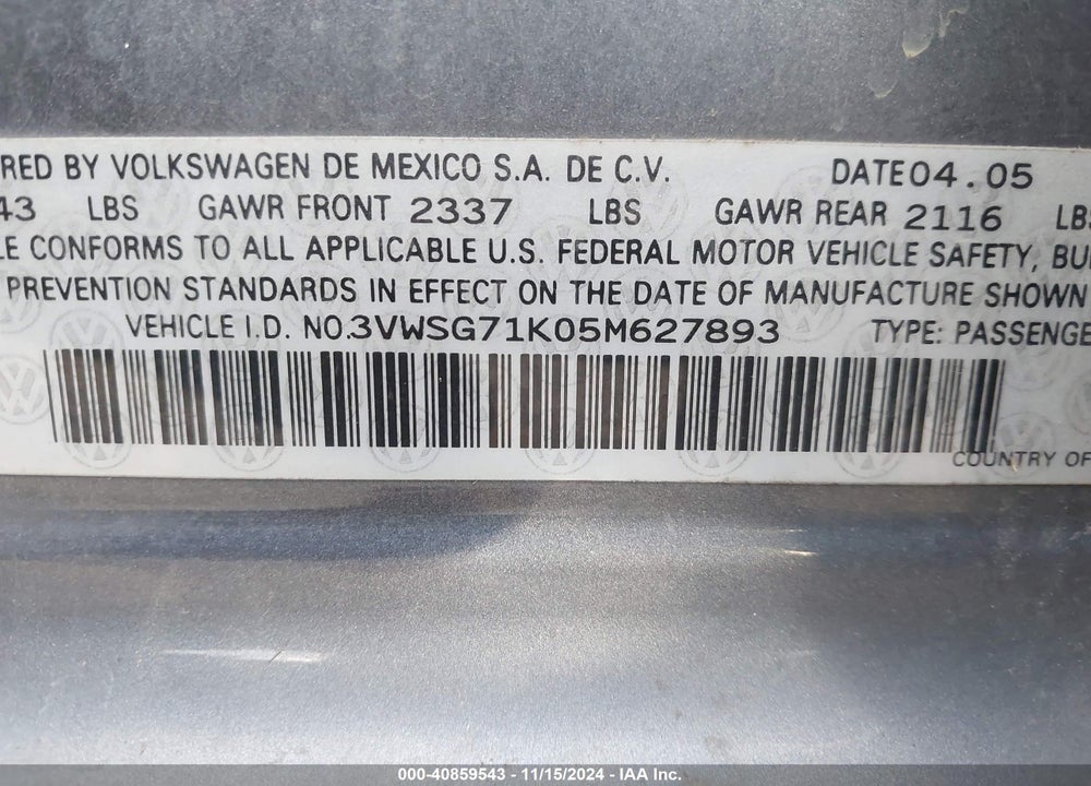 2005 VOLKSWAGEN JETTA 2.5 VIN: 3VWSG71K05M627893