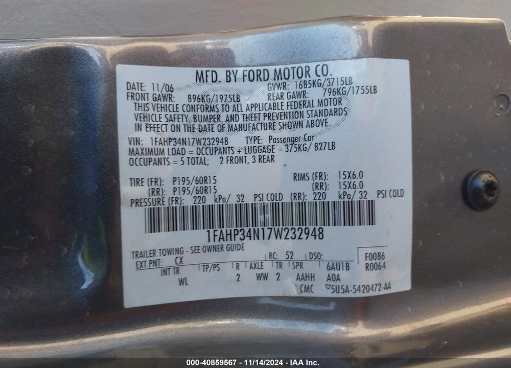 2007 FORD FOCUS S/SE/SES VIN: 1FAHP34N17W232948