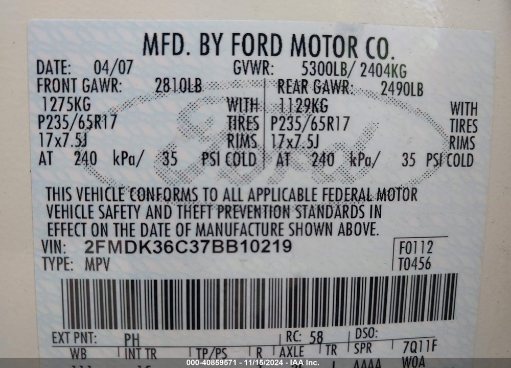2007 FORD EDGE SE VIN: 2FMDK36C37BB10219