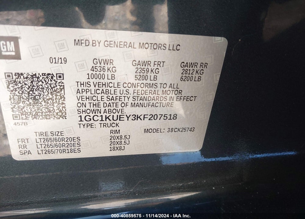 2019 CHEVROLET SILVERADO 2500HD HIGH COUNTRY VIN: 1GC1KUEY3KF207518