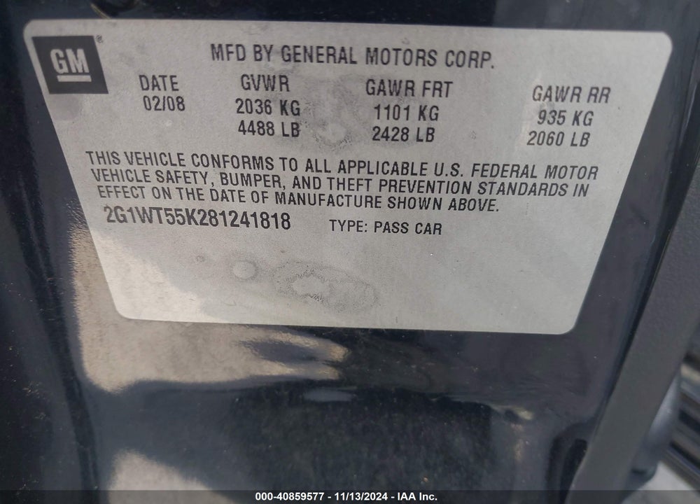 2008 CHEVROLET IMPALA LT VIN: 2G1WT55K281241818