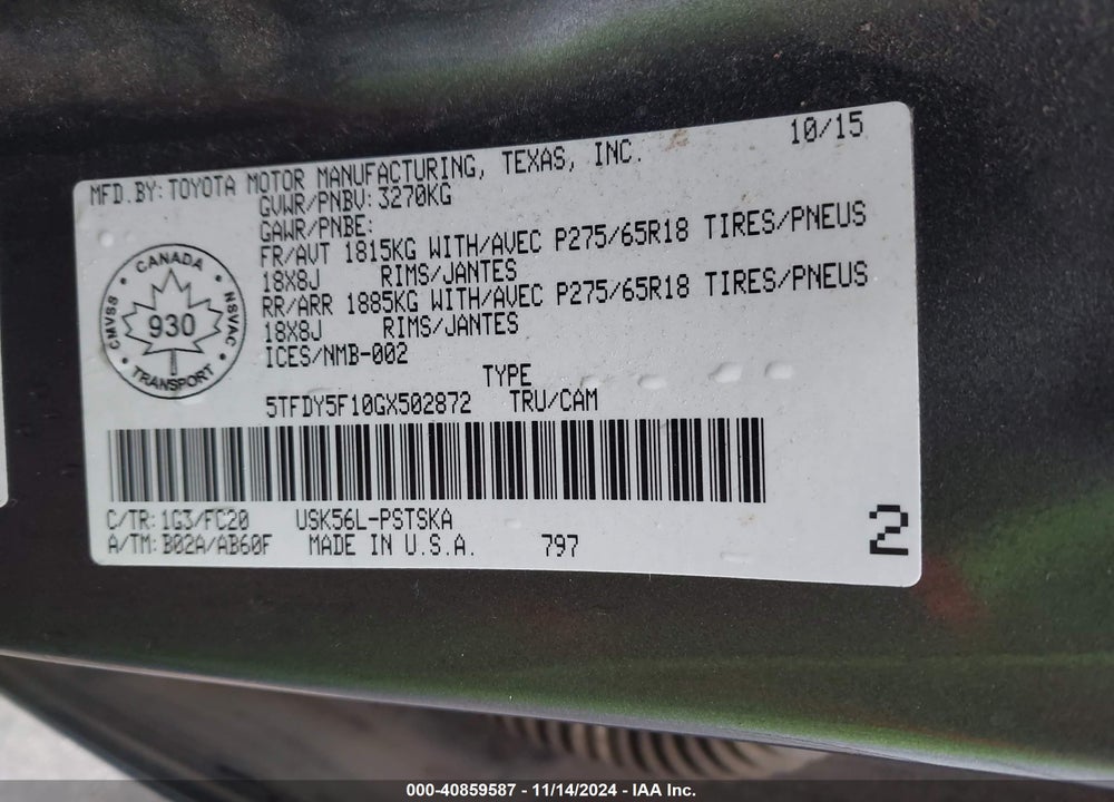 2016 TOYOTA TUNDRA SR5 5.7L V8 VIN: 5TFDY5F10GX502872