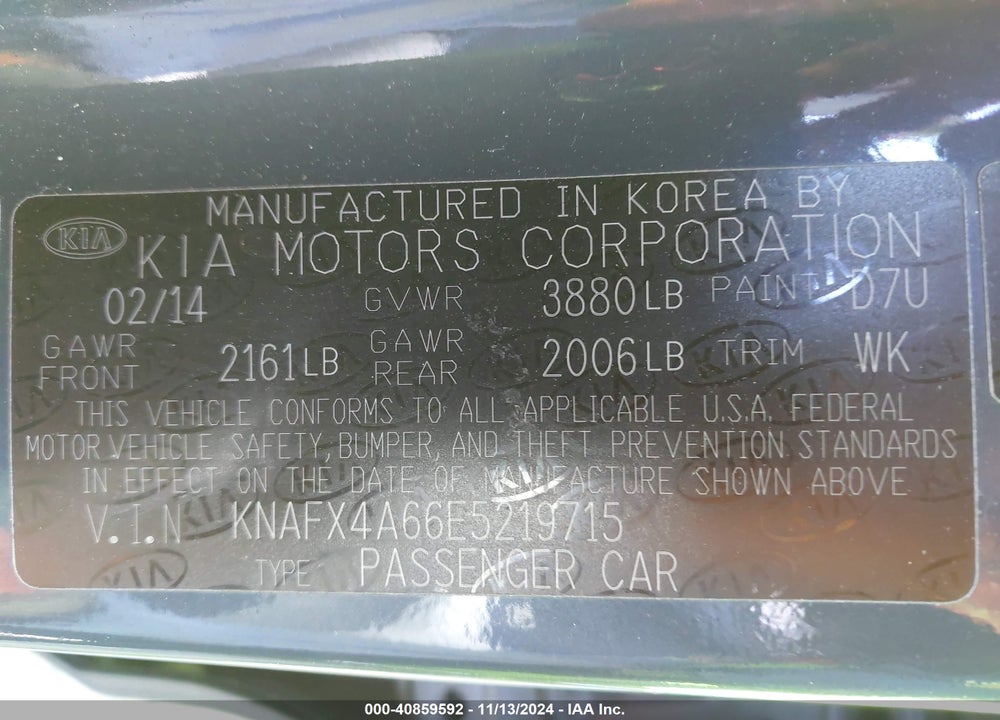 2014 KIA FORTE LX VIN: KNAFX4A66E5219715