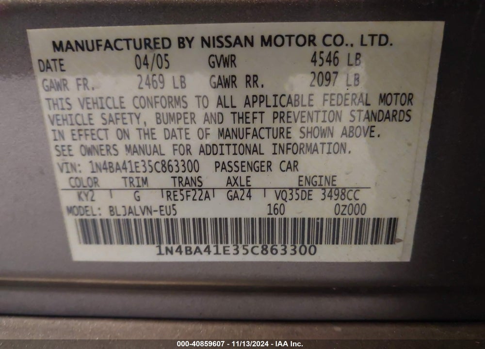 2005 NISSAN MAXIMA 3.5 SE VIN: 1N4BA41E35C863300