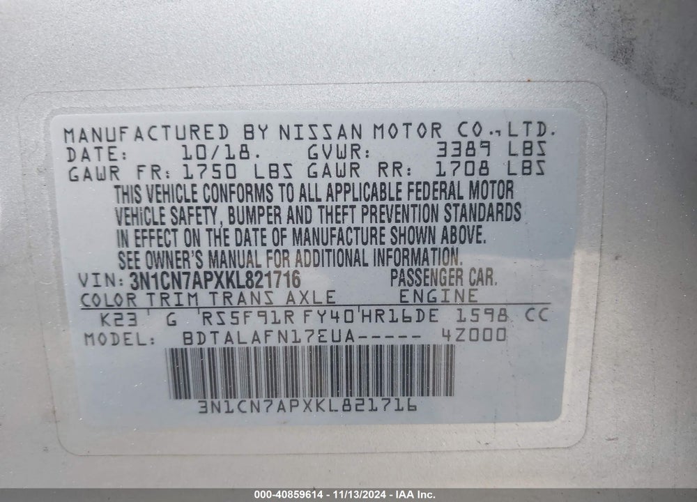 2019 NISSAN VERSA 1.6 S+ VIN: 3N1CN7APXKL821716