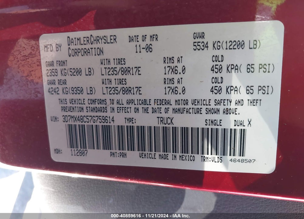 2007 DODGE RAM 3500 VIN: 3D7MX48C57G759614