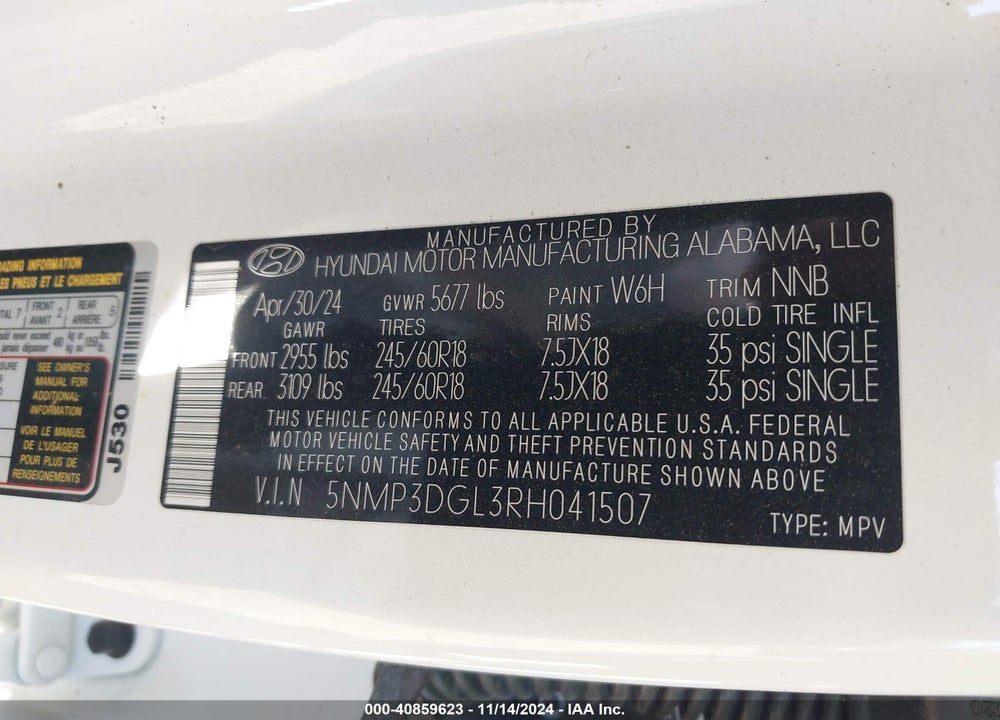 2024 HYUNDAI SANTA FE XRT VIN: 5NMP3DGL3RH041507
