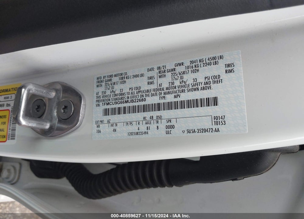 2021 FORD ESCAPE VIN: 1FMCU9G66MUB22680